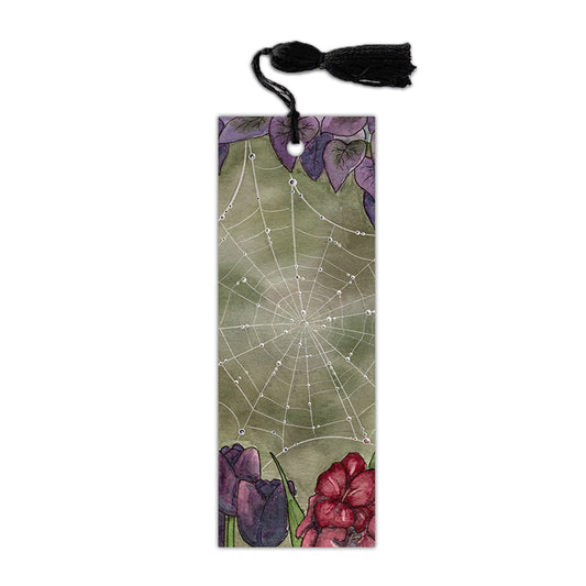 Bookmark of water droplets in a spiderweb among purple and red flowers.