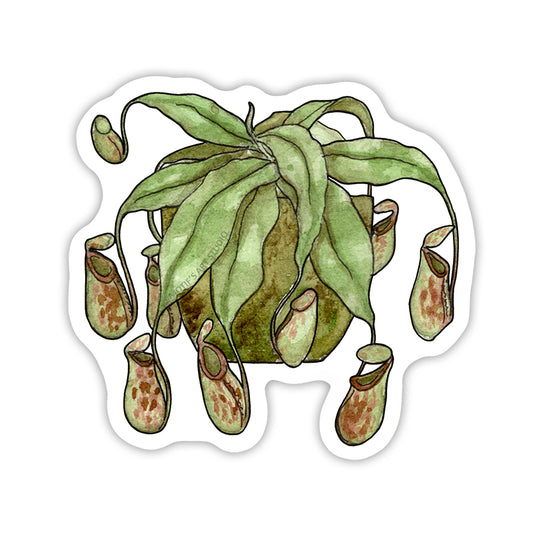 Sticker of a tropical pitcher plant in a vintage vase.