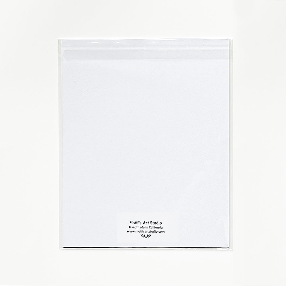 Back of art print with a mat board in cello packaging.