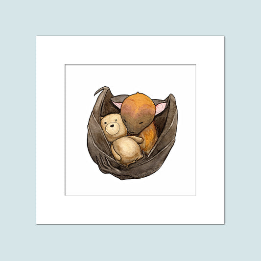 Painting of a sleepy fruit bat with orange and dark brown fur hugging onto a teddy bear with an eye missing on a white background with a custom white matte.