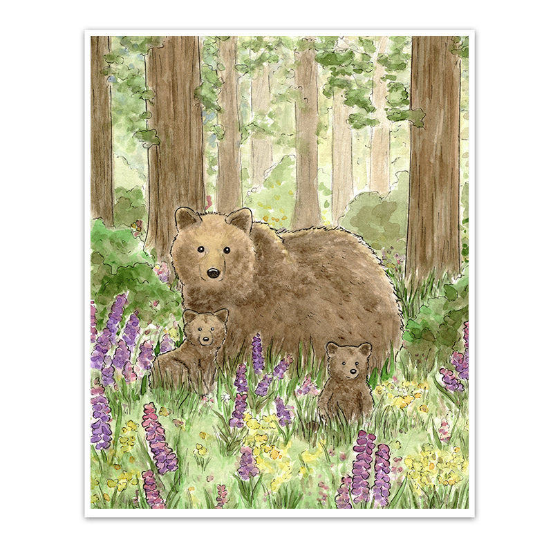 a mama bear and her two little cubs in the forest. They wander through a meadow filled with purple, yellow, and orange wildflowers.