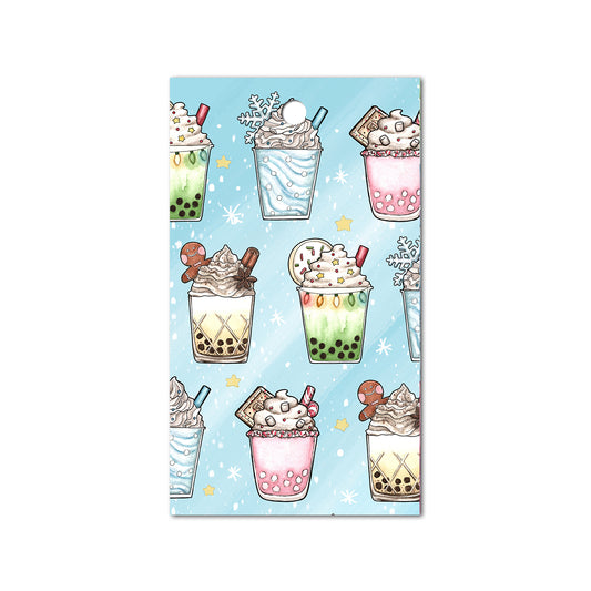 Gift tag with holiday bobas, snowflakes, stars, and a snowy background.