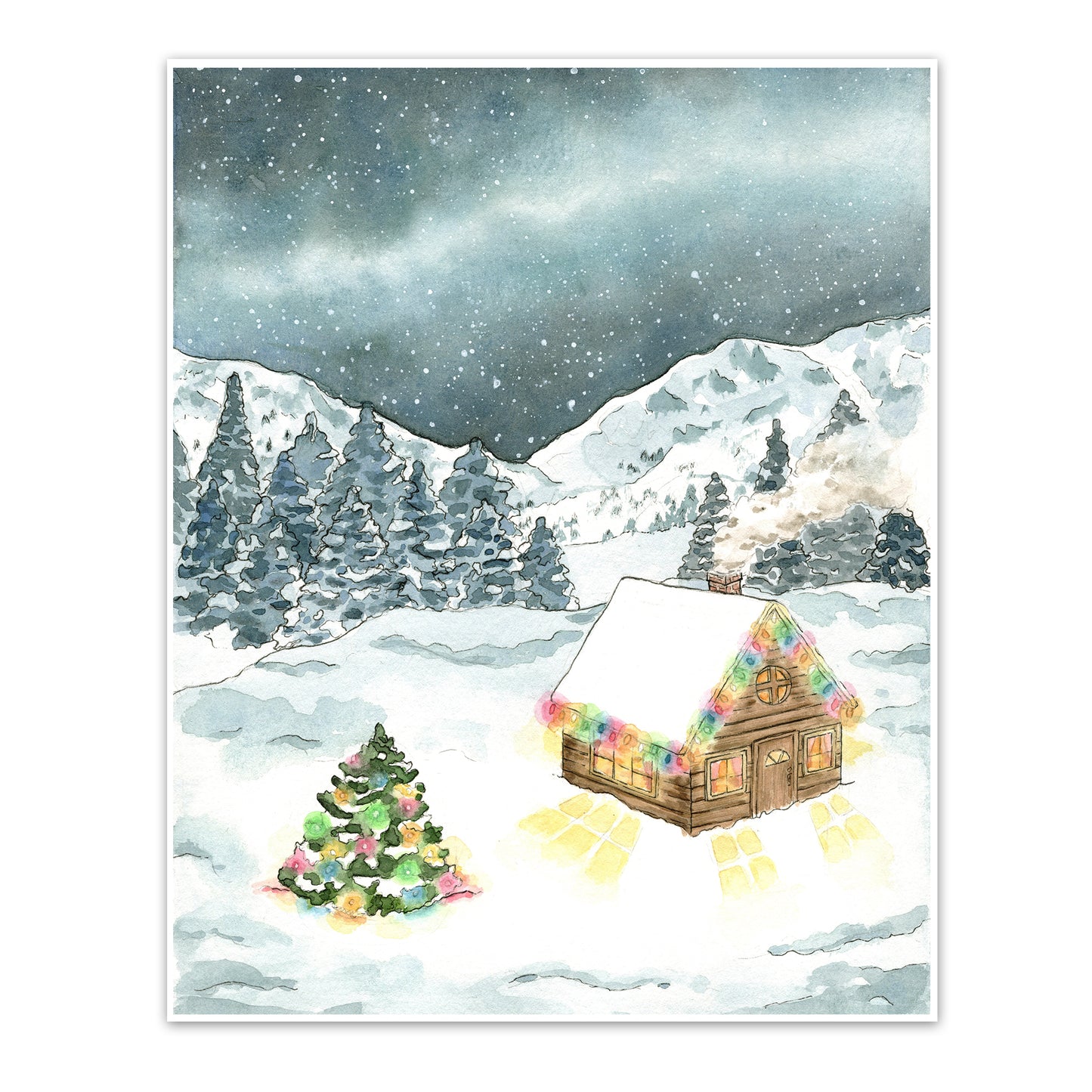 An art print of a wooden cabin in the snow with Christmas lights, and snowy tree outside with Christmas lights. A galaxy hangs aboce the snowy mountains with Merry Christmas written in the cabin's smoke coming out of the chimney.
