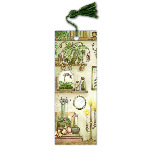 Olive green tasseled bookmark of carnivorous plants, orchids and ferns in terrariums surrounded by old books.