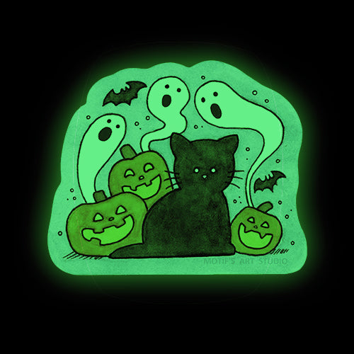 Glowing Halloween-themed illustration with a black cat, pumpkins, ghosts, and bats on a dark background.