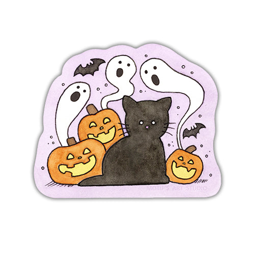 Halloween-themed sticker with a black cat, pumpkins, ghosts, and bats on a light purple background.
