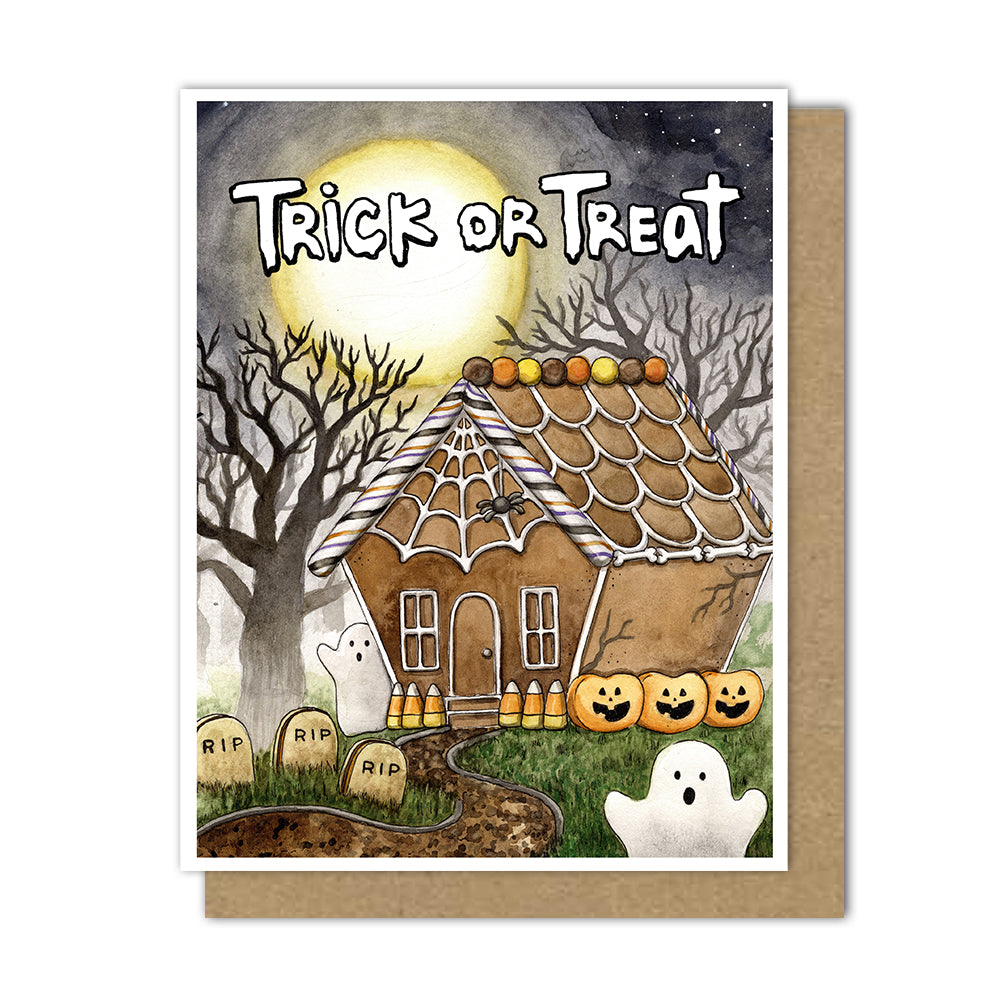 halloween card with a halloween gingerbread house that says "trick-or-treat" on the front with a ghost peep in front