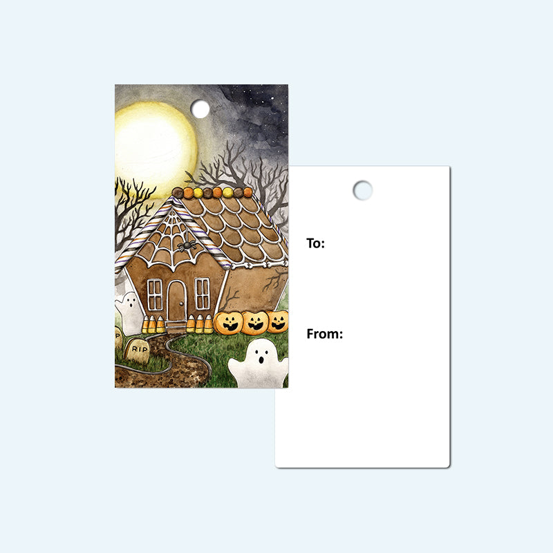 front of a halloween gingerbread house gift tag with the back that says to and from