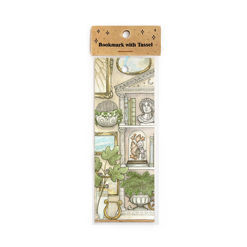 Bookmark featuring a greek mythology inspired bookcase, art, and plants enclosed in cellophane and packaging.