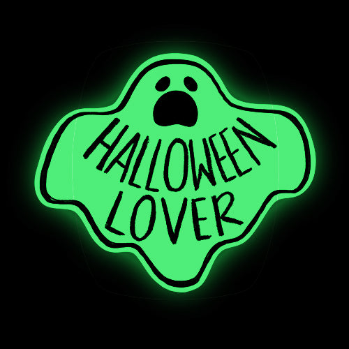 Glow in the dark sticker with a ghost shape and 'Halloween Lover' text.