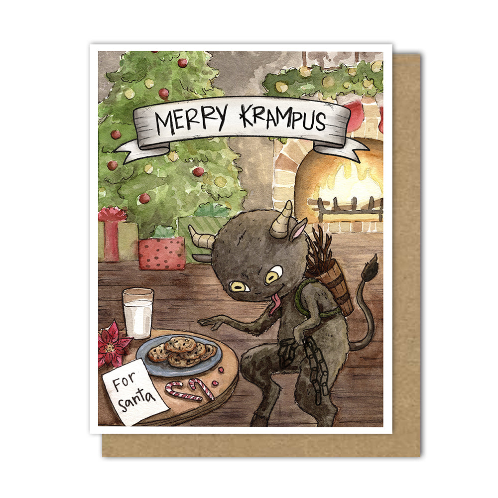 Greeting card with Krampus sneaking around someone's house stealing Santa's cookies with "Merry Krampus" greetings.