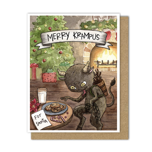 Greeting card with Krampus sneaking around someone's house stealing Santa's cookies with "Merry Krampus" greetings.