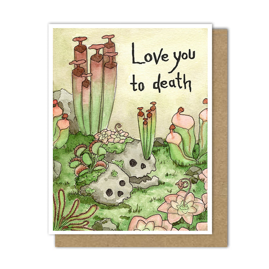 Greeting card with cute skulls surrounded by colorful carnivorous plants.
