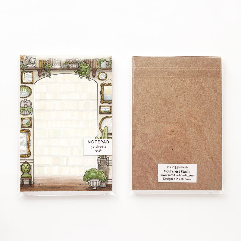 Notepad packaging with a chipboard backing in a cellophane bag.