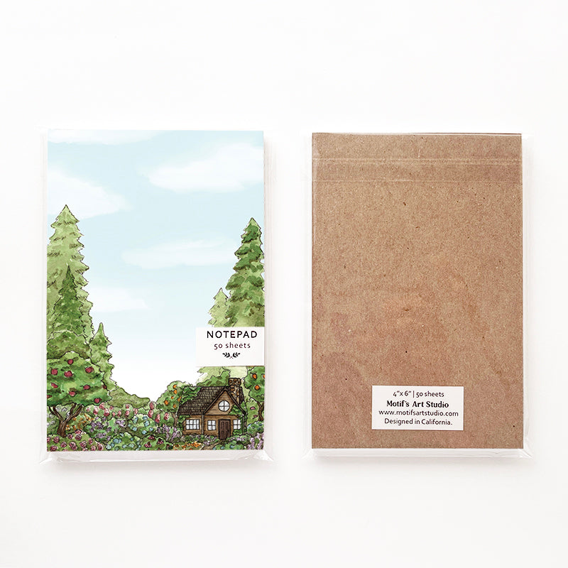 Front and back of the notepad in its packaging.