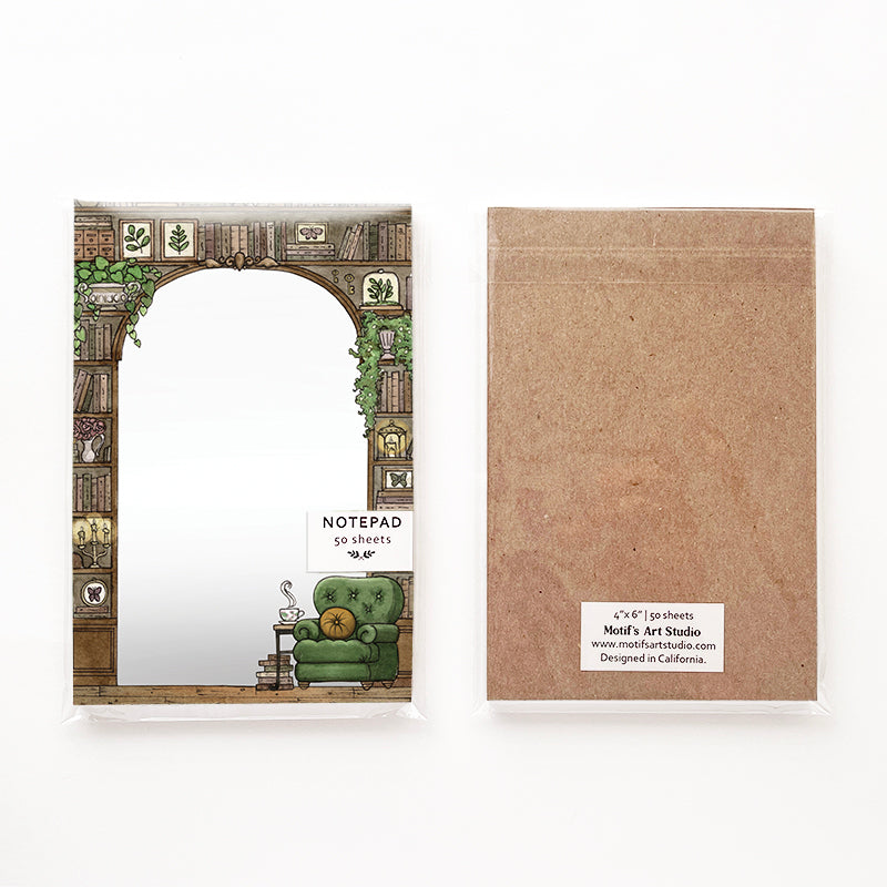 Front and back of the notepad in its packaging.