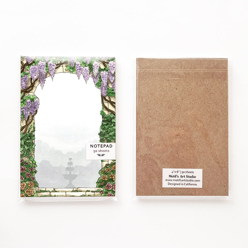 Front and back of the notepad in its packaging.