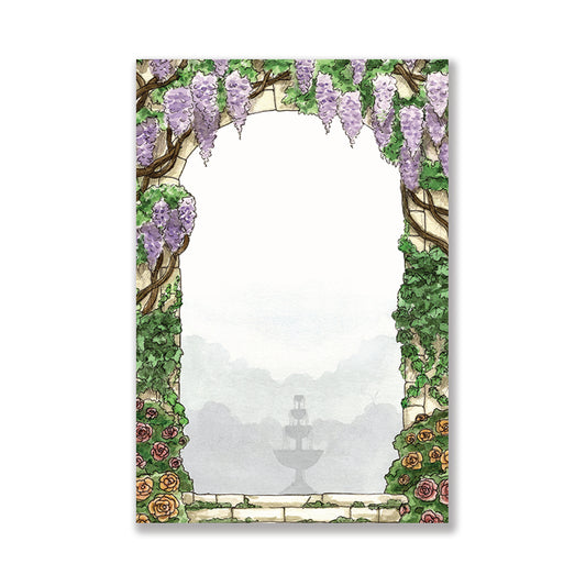 Notepad with stone archway covered in purple wisteria flowers that frames a secret garden full of roses and a fountain.