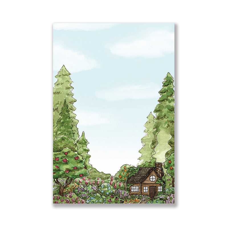 Notepad of a cozy cabin with a garden in the forest.