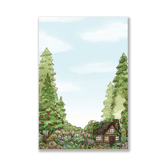Notepad of a cozy cabin with a garden in the forest.