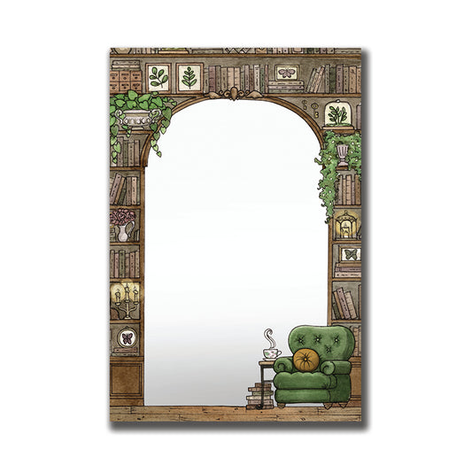 Notepad of a large library filled with books, plants, and knick knacks with a comfy green reading chair.