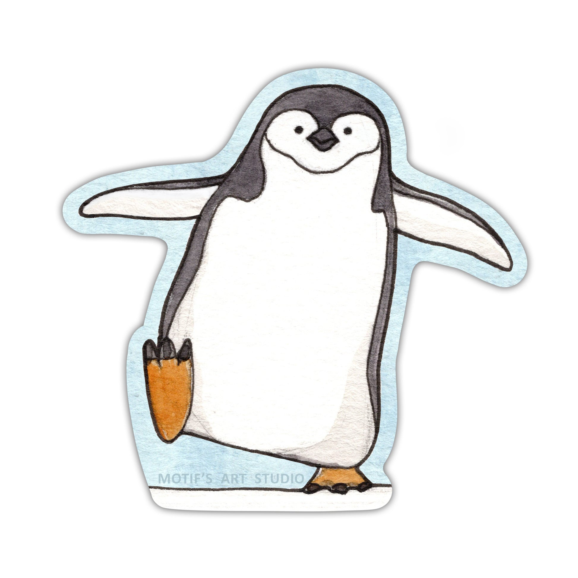 Cute penguin sticker waddling through the snow with a light blue border.