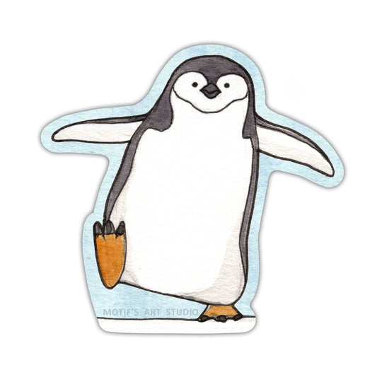 Cute penguin sticker waddling through the snow with a light blue border.