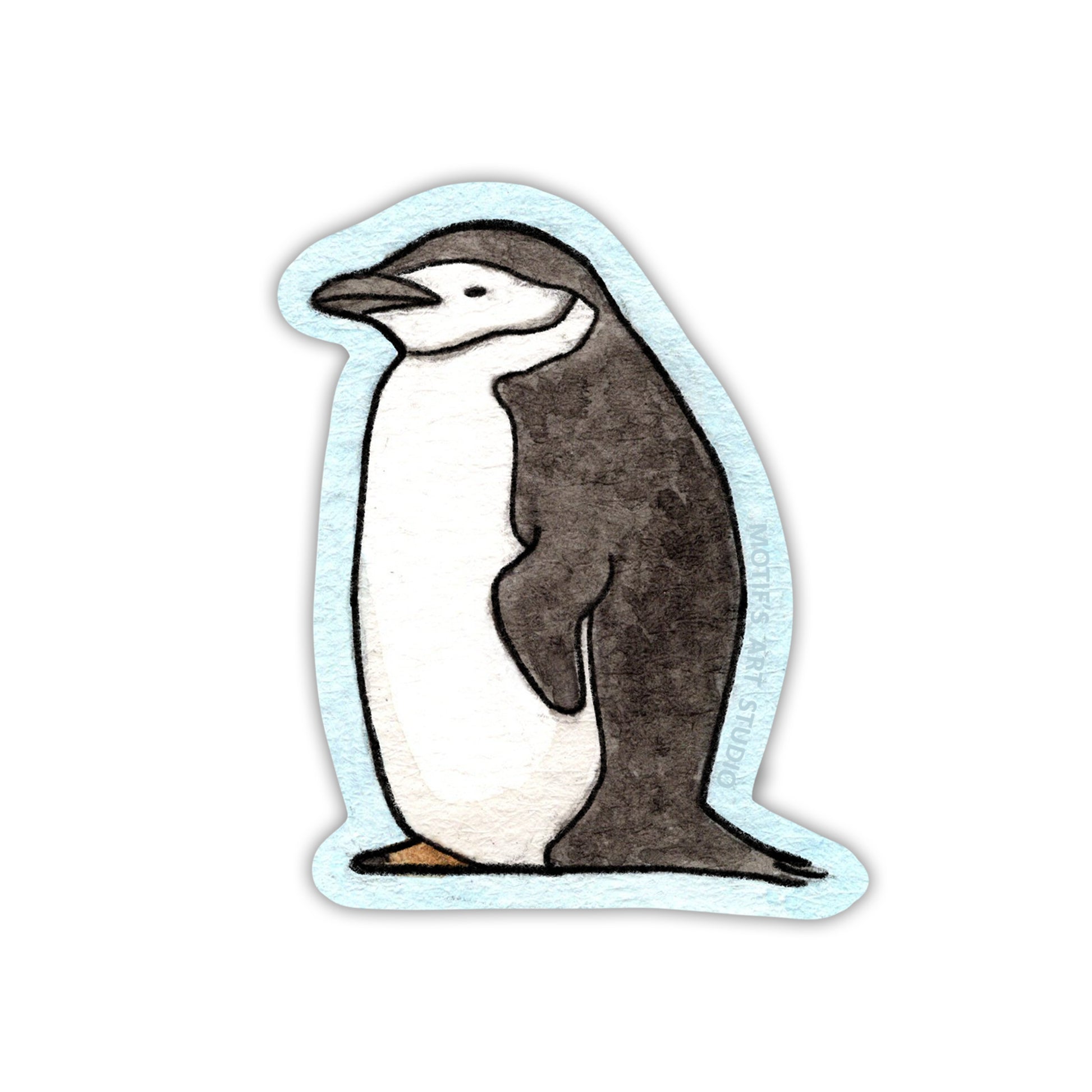 Sleepy little chinstrap penguin hunched over with a light blue border.