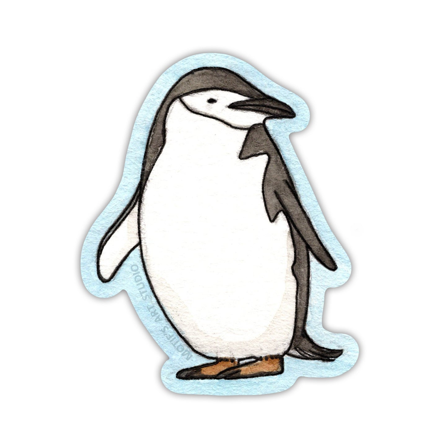 Simple and small chinstrap penguin looking to the right with a light blue border.