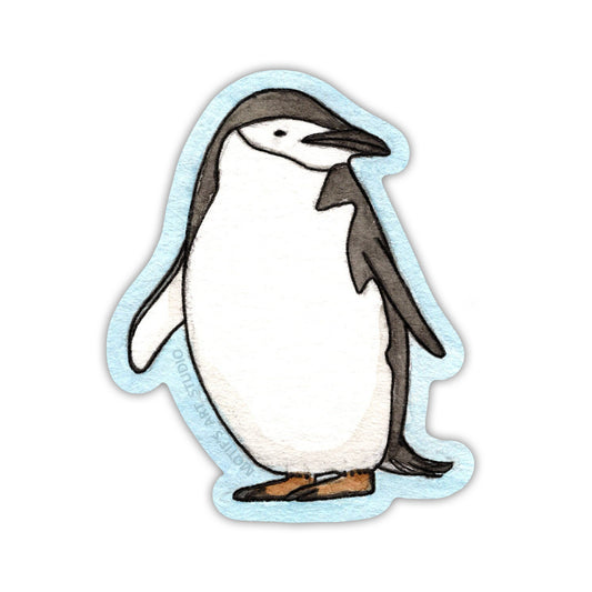 Simple and small chinstrap penguin looking to the right with a light blue border.