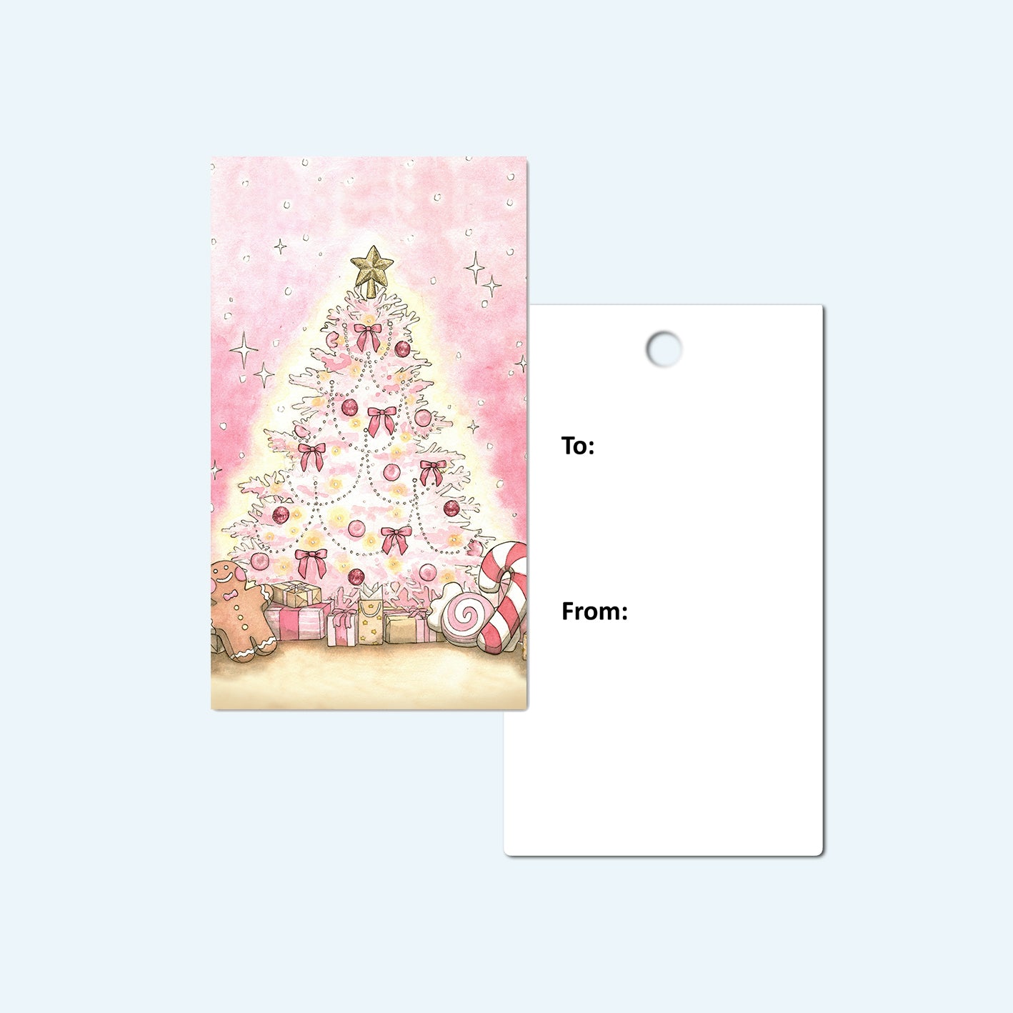 Front of pink christmas tree gift tag and the back has to and from written on it.