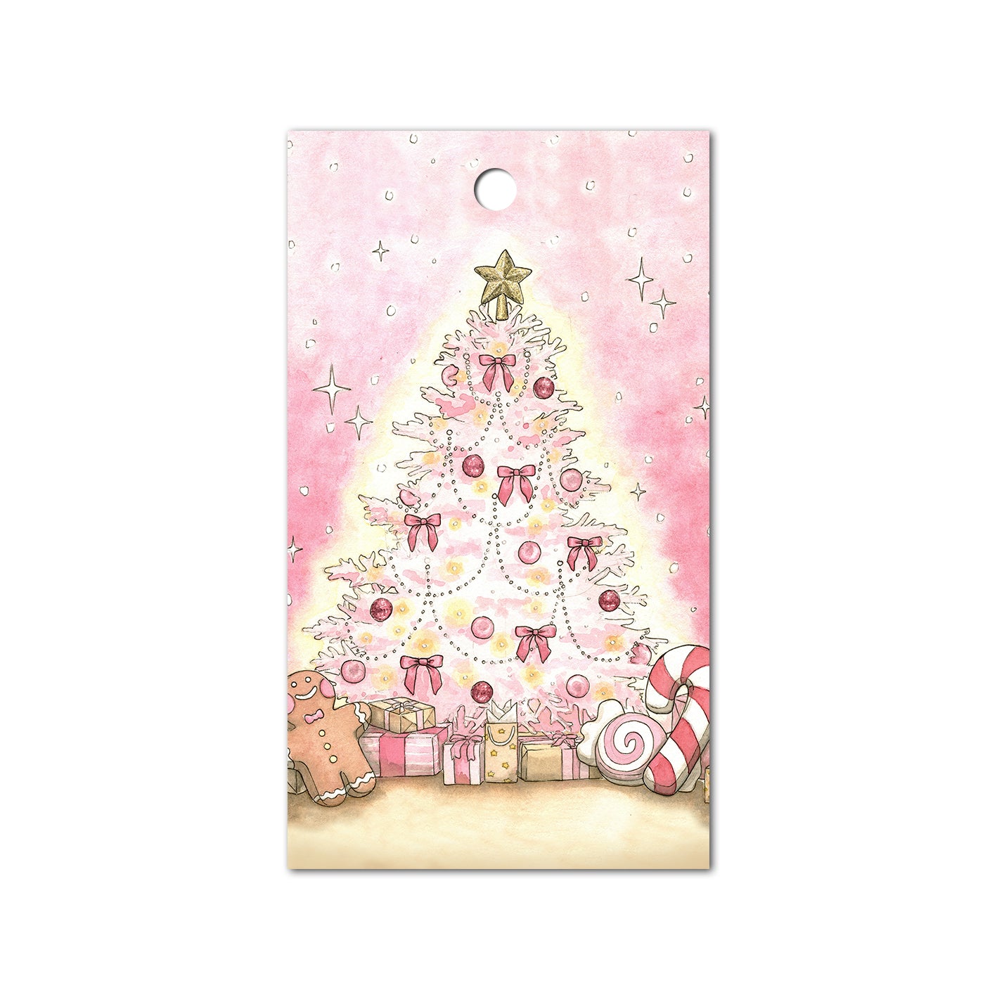 Gift tag of a pink Christmas tree with pink ornaments and a pink background with sparkles.