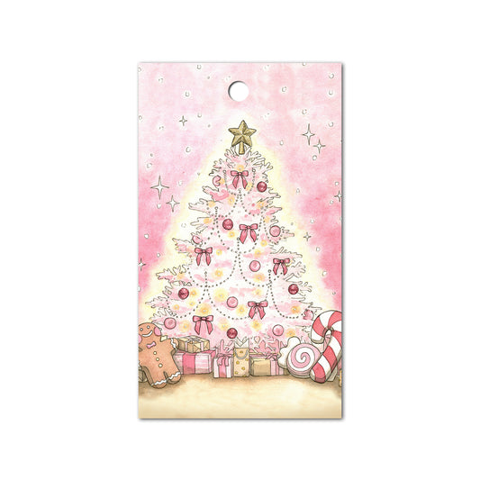 Gift tag of a pink Christmas tree with pink ornaments and a pink background with sparkles.