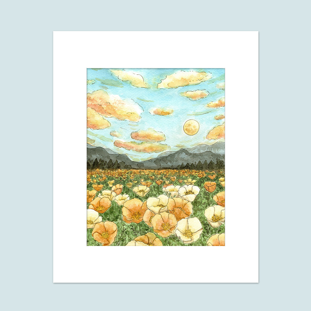 A field of california poppies with a moon rising in the background over mountain sillhouettes.