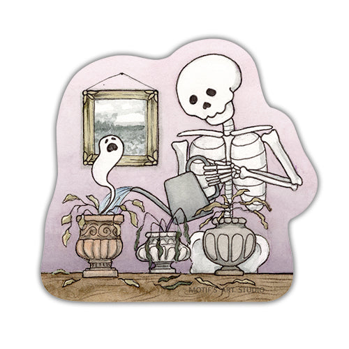 Sticker of a skeleton watering plants in a room with a painting on the wall and ghost of a dead plant with a purple background.