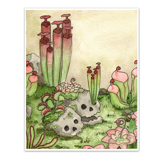Art print with two cute skulls covered by moss and carnivorous plants.