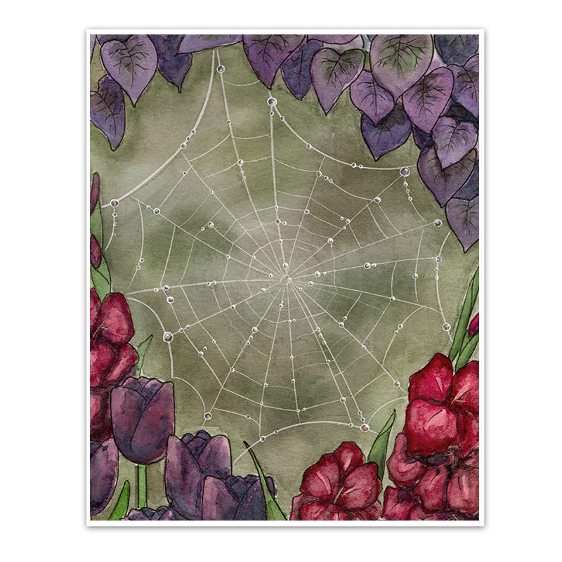 Art print of a spiderweb among purple and red flowers with droplets of water.