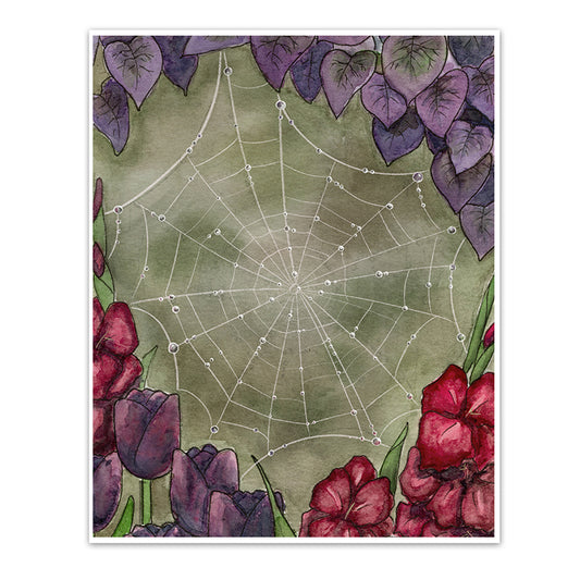 Art print of a spiderweb among purple and red flowers with droplets of water.