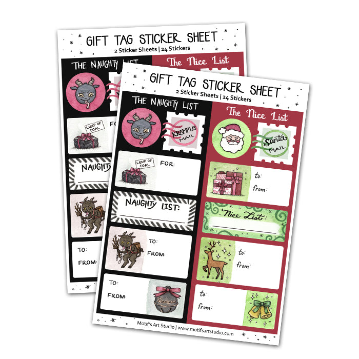 Two sheets of gift tag stickers with 'Naughty List' and 'Nice List' designs.