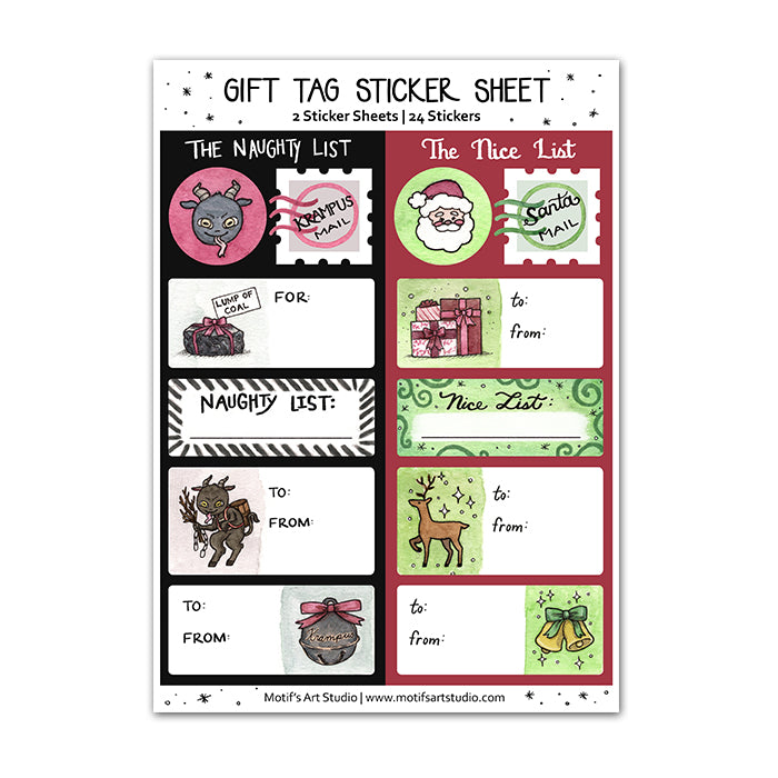 Gift tag sticker sheet of the Nice and Naughty List with various designs of Krampus and Santa.