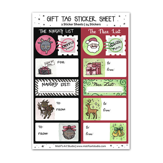 Gift tag sticker sheet of the Nice and Naughty List with various designs of Krampus and Santa.