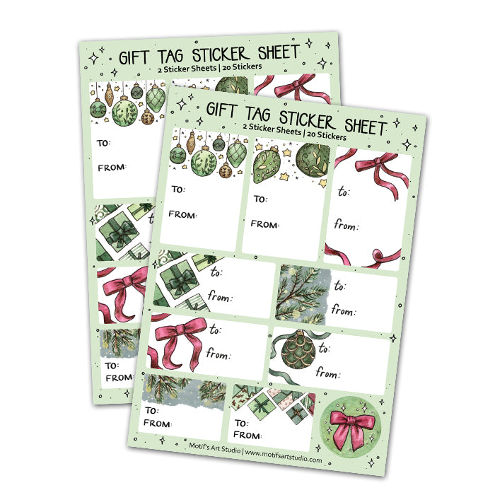 Two sheets of gift tag stickers with ornaments, bows, and Christmas trees on a white background