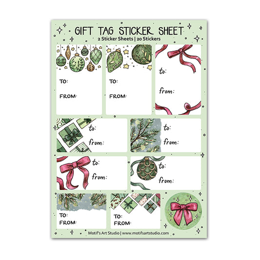 Sheet of gift tag stickers with ornaments, Christmas bows, and presents on a green border.