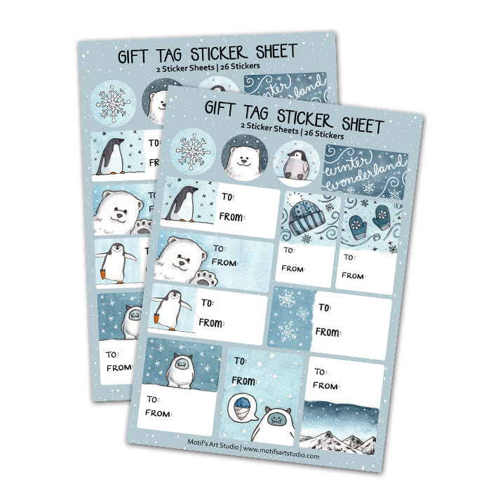 Two sheets of gift tag stickers with winter-themed designs on a white background.