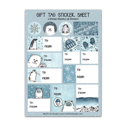 Gift tag sticker sheet with snowflakes, a yeti, a penguin, and a polar bear design on a blue background