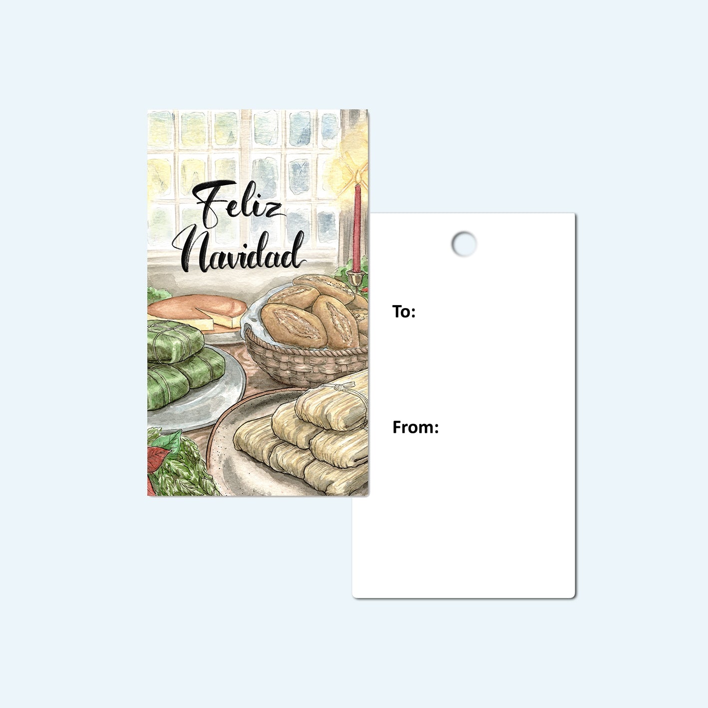 Front and back of gift tag with to and from written on the back