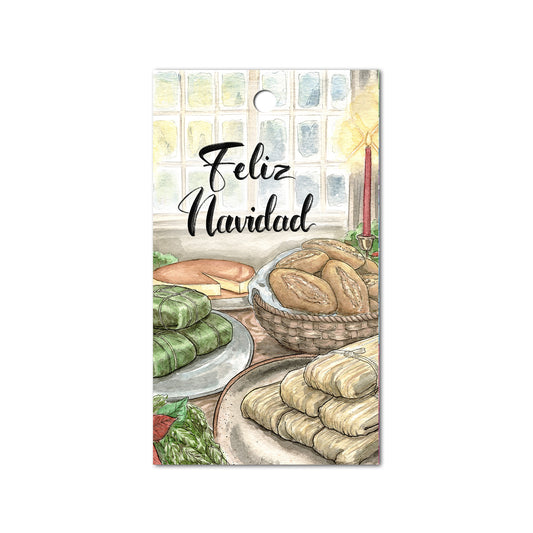 Gift tag front with corn husk tamales, banana leaf tamales, flan , and bolilo bread.