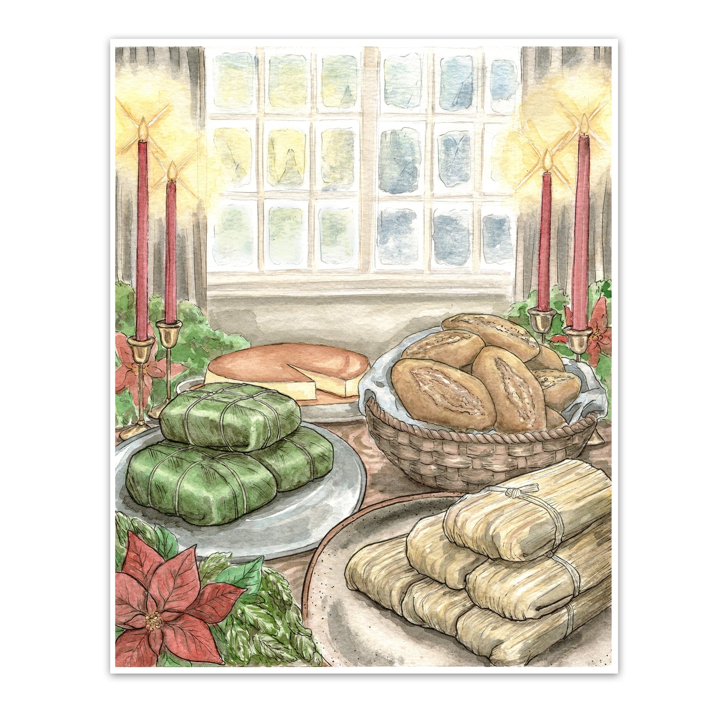 Watercolored art print with tamales, bread, and flan, flanked by poinsettias and glowing candles.