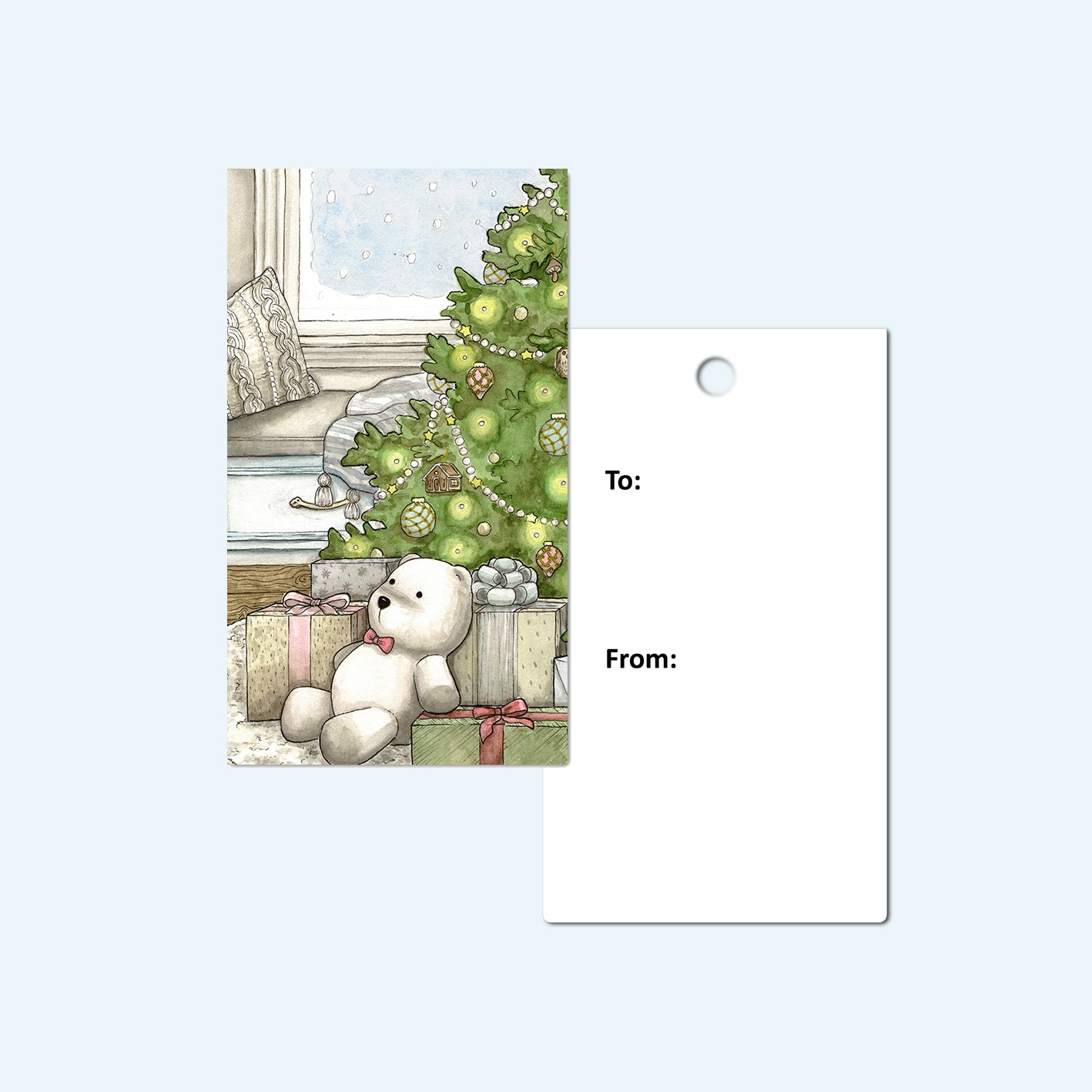 Front and back of a gift tag with a polar bear teddy bear stuffed animal.
