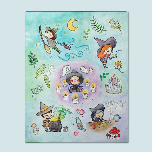 5 different witches with a frog familiar, broom, cauldron, seance with ghosts, and tarot cards
